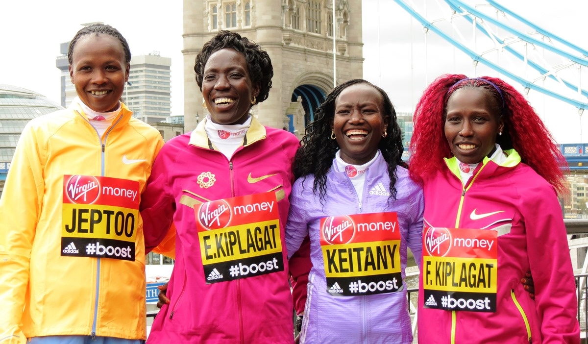2015 Virgin London Marathon elite women's leaders Priscah Jeptoo, Edna Kiplagat, Mary Keitany, and Florence Kiplagat