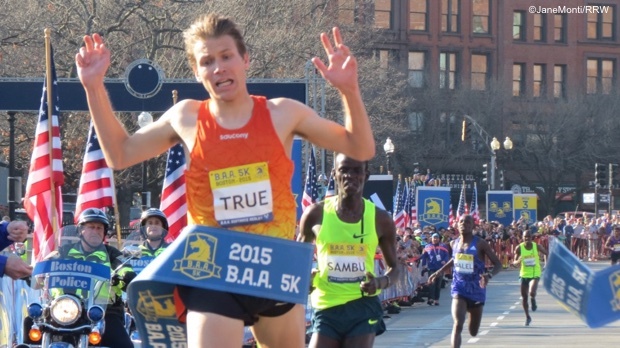 Ben True wins the 2015 BAA 5K in Boston, Massachusetts