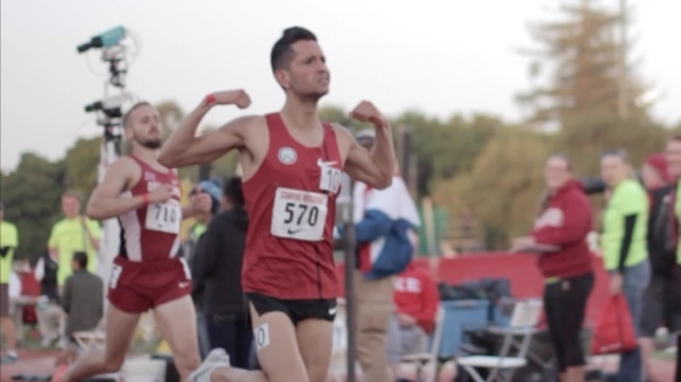 German Fernandez flexes after winning a 1500m race at the Stanford Invite