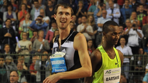 Mutaz Essa Barshim and Bogdan Bondarenko compete in the high jump in Monaco