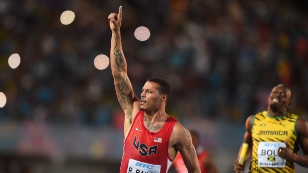 Ryan Bailey celebrates after beating Usain Bolt at the 2015 World Relays