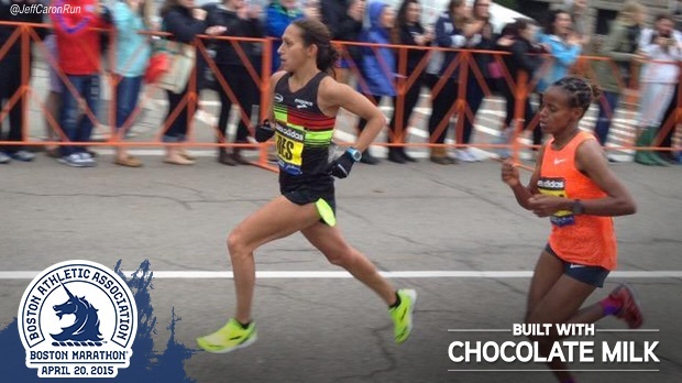 Desi Linden leads the Boston Marathon near mile 23. She finished 4th. 