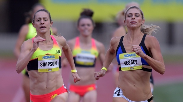 Maggie Vessey and Jenny Simpson compete at the 2015 HOKA ONE ONE Middle Distance Classic at Occidental College in Los Angeles, California