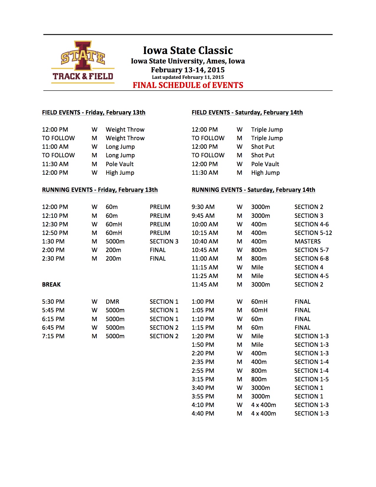 SCHEDULE Iowa State Classic FloTrack