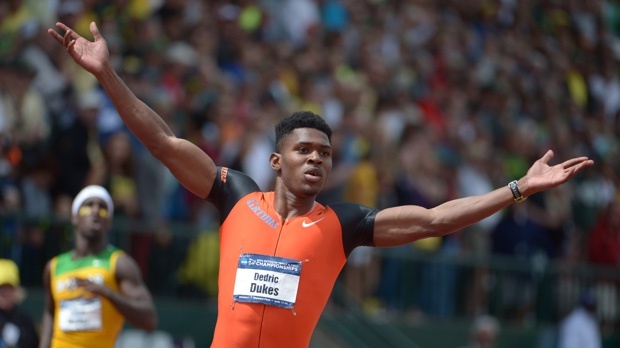 Dedric Dukes wins the 200m at the 2014 NCAA Outdoor Championships at Hayward Field in Eugene, Oregon