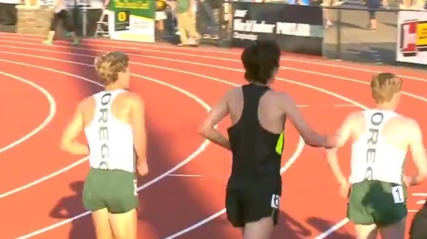 Matthew Maton celebrates his 3:59.38 mile at the 2015 Oregon Twilight with Will Geoghegan and Eric Jenkins at Hayward Field