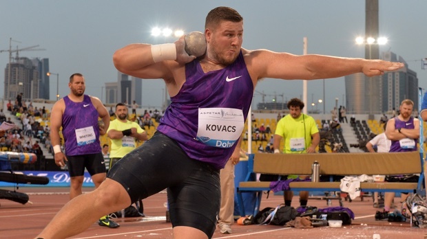 Joe Kovacs competes in the 2015 Doha Diamond League meeting shot put