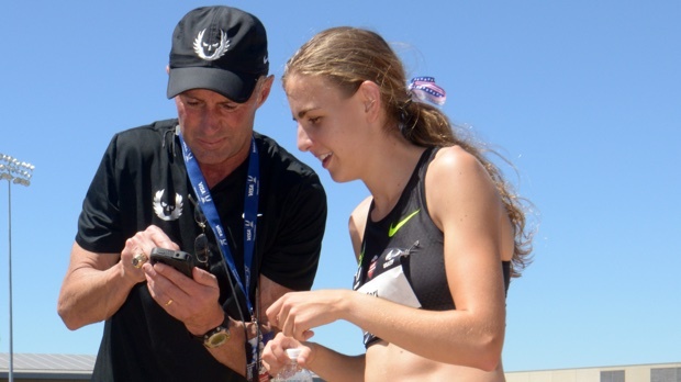 Mary Cain with Nike Oregon Project coach Alberto Salazar at the 2014 USA Outdoor Track and Field Championships
