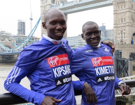 Wilson Kipsang and Dennis Kimetto pose in front of Tower Bridge ahead of the London Marathon.